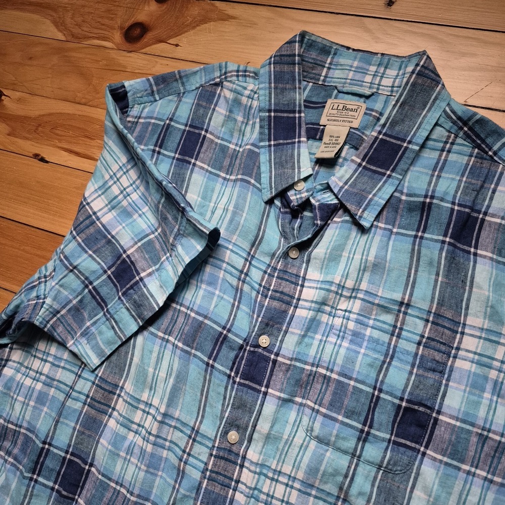 LL Bean Linen Shirt Mens 2XL Blue Plaid Button Up Coastal Beach Vacation Camp